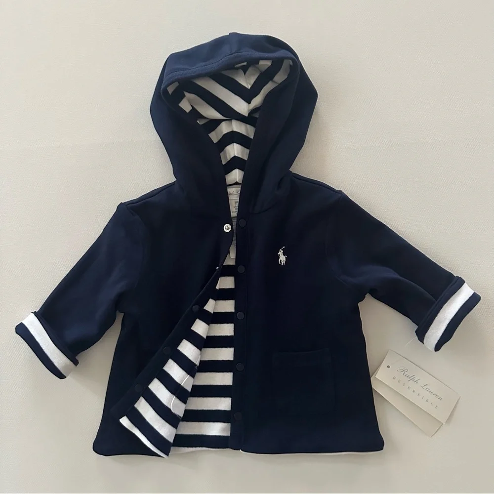 Ralph Lauren 6 Months Baby Boy Hooded Jacket Cardigan Blue Reversible NWT